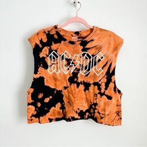 Forever 21 Band AC/DC Black Orange Cutoff Cropped sleeveless Tee shirt Small Med